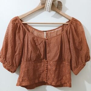 Free People Heartstrings Burnt Rose Floral Sheer Puff Sleeve Button Front Top